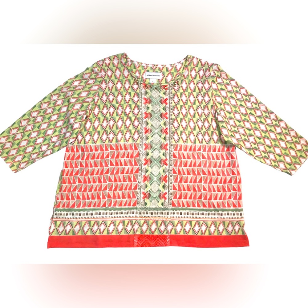alfred dunner 3/4 Sleeves blouse with Embroidered Green/geometric XL